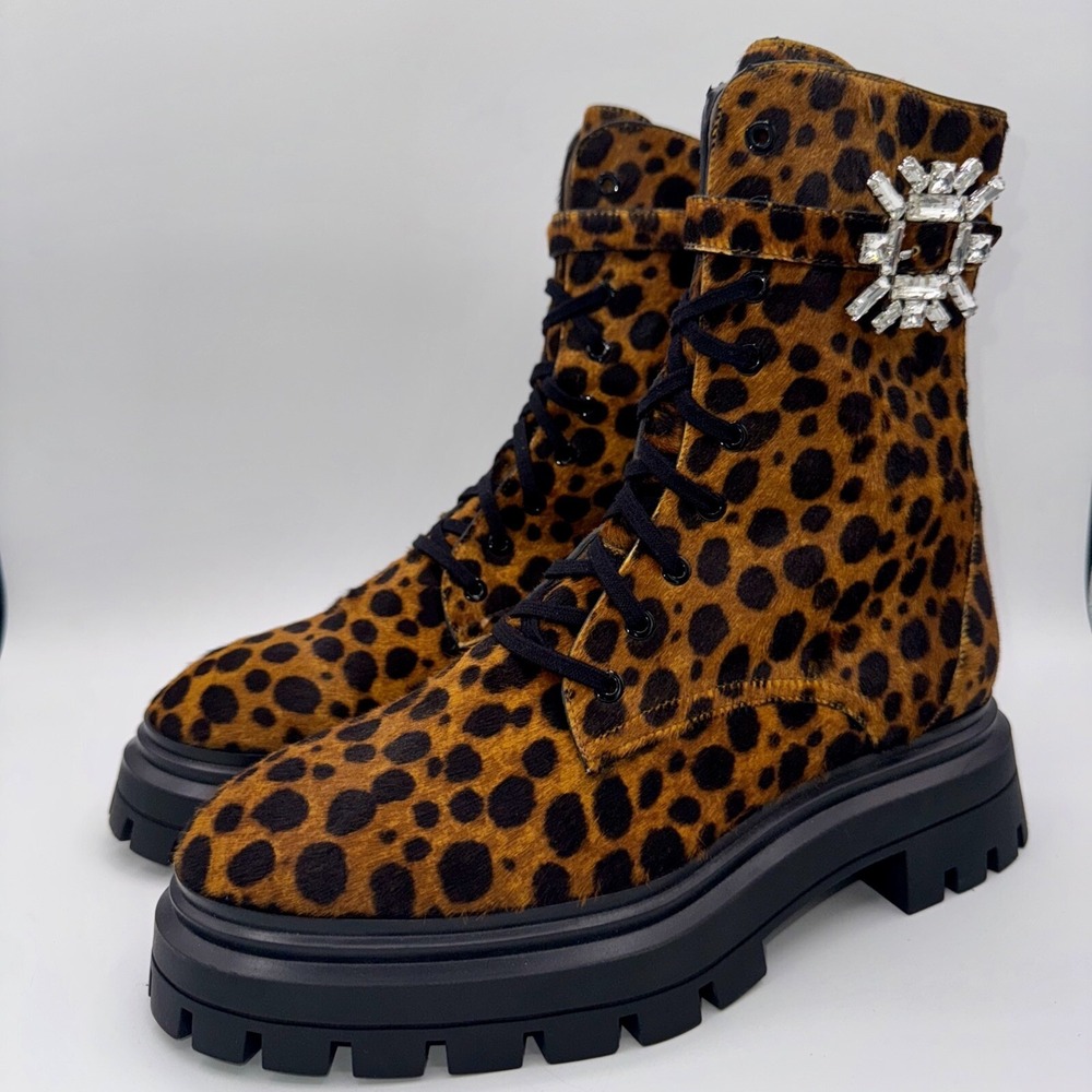 Stuart Weitzman Crystal Nova Buckle‎ Bedford Combat Boots Women's Size 9 Leopard